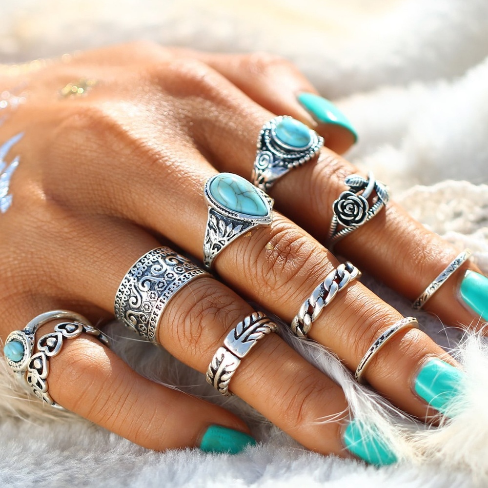 10piece silver and turquoise stackable ring set